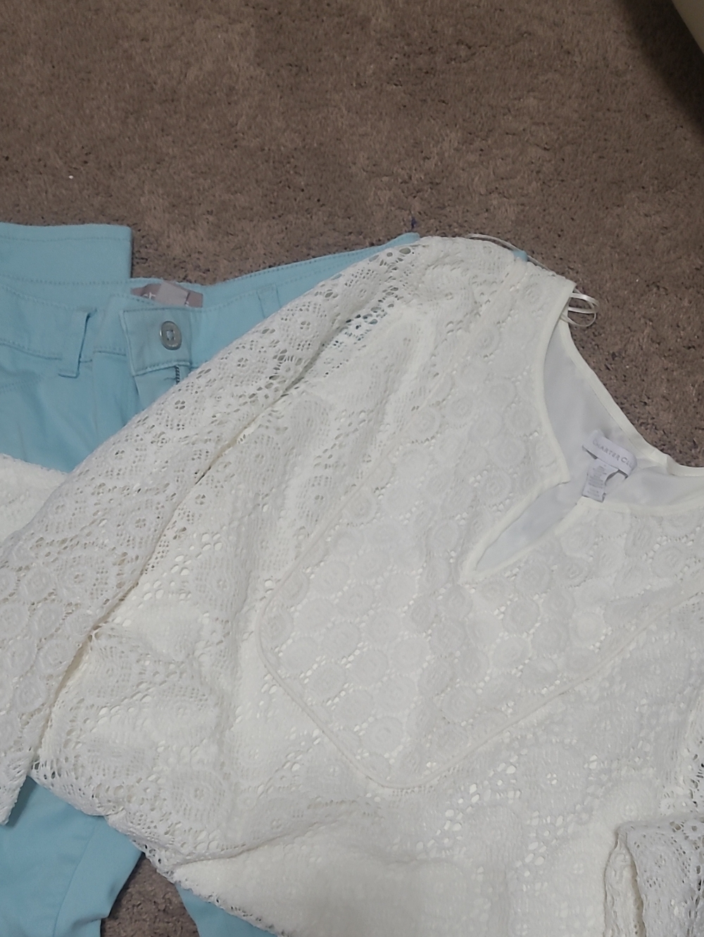 Charter Club White Top with Subtle Texture And Mint Green Chinos Jeans